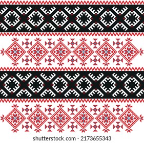 Patrón ucraniano, cintas con elementos étnicos ornamentales, negros y rojos