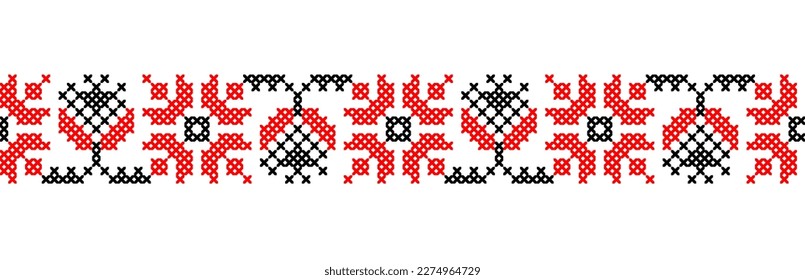 Ukrainian pattern. Vector ornament, seamless border. Ukrainian folk, ethnic geometric embroidery. Pattern in red and black colors. Pixel art, vyshyvanka, cross stitch.