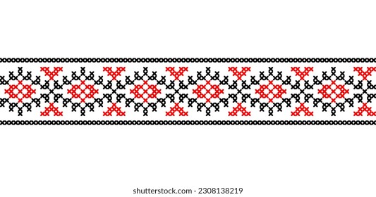 Ukrainian pattern. Vector ornament, seamless border. Ukrainian folk, ethnic geometric embroidery. Pattern in red and black colors. Pixel art, vyshyvanka, cross stitch.