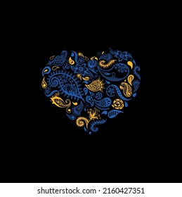 Ukrainian patterned heart. Heart in national colors of Ukraine. Vector illustration