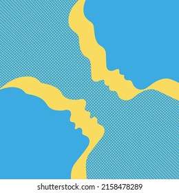 Ukrainian people faces outline. Abstract yellow blue couple silhouette