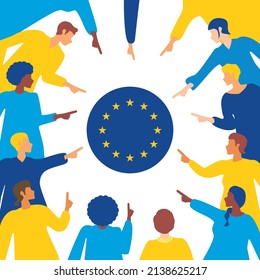 Ukrainian People In Flat Style Blame The European Union. Ukrainian Refugees Blame European Union. Support Ukraine Concept. The Guilt Of The Crisis. Dissatisfied People Of Ukraine.Сrisis In Europe 2022