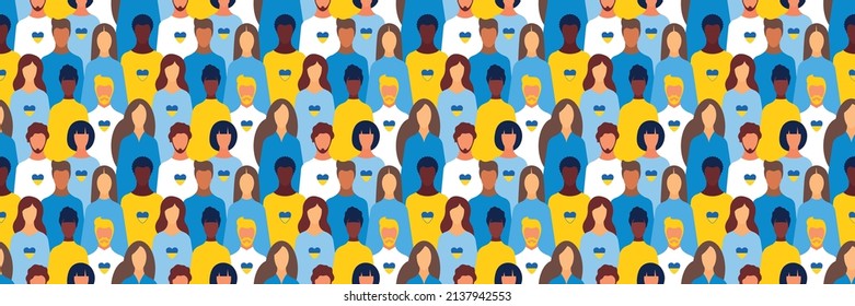 Ukrainian people. Volunteer movement in Ukraine. Pray for Ukraine. I love Ukraine. Ukrainian refugees. Support ukraine. horizontal web banner. people in colors of the Ukrainian flag. patriotism theme.