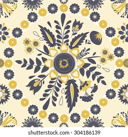 Ukrainian petrykivka seamless vector pattern in national patriotic colors
