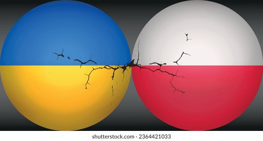 Ukrainian and Polish  flag icon ball and crack between,  crisis between countries  Poland and Ukraine conflict of partnership.