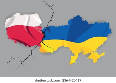 Ukrainian and Polish outline map flag crack between .  abstract conflict of partnership, crisis between countries  Poland and Ukraine