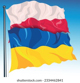 Ukrainian and Polish waving flags on flagstock. patriotic background of partnership country Poland and Ukraine	