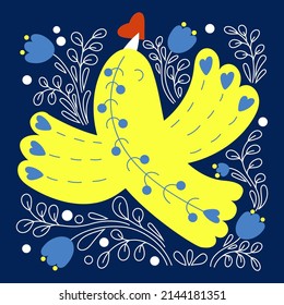 Ukrainian postcard with Yellow-blue bird with heart on blue background with floral pattern.Vector illustration. Square card in Ukrainian flag colors for decor, design, print