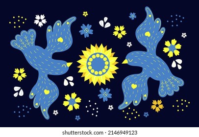 Ukrainian poster with yellow and blue birds with sunflower and flowers on dark blue background. Vector illustration. color of Ukrainian flag. Decorative card for decor, design, print.