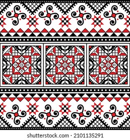 Ukrainian Pysanky vector seamless folk art pattern - Hutsul Easter eggs repetitive design in black and red. Traditional geometric craft decorations from Hutsulshchyna in Ukraine, retro wallpaper, text