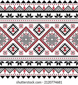 Ukrainian Pysanky vector seamless folk art pattern with geometric motif - Hutsul Easter eggs repetitive design in black and red. Traditional geometric craft decorations from Hutsulshchyna in Ukraine