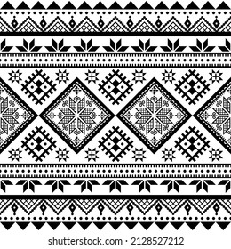 Ukrainian Pysanky vector seamless folk art pattern with geometric motif - Hutsul Easter eggs repetitive design in black and white. Traditional monochrome geometric craft decorations from Hutsulshchyna
