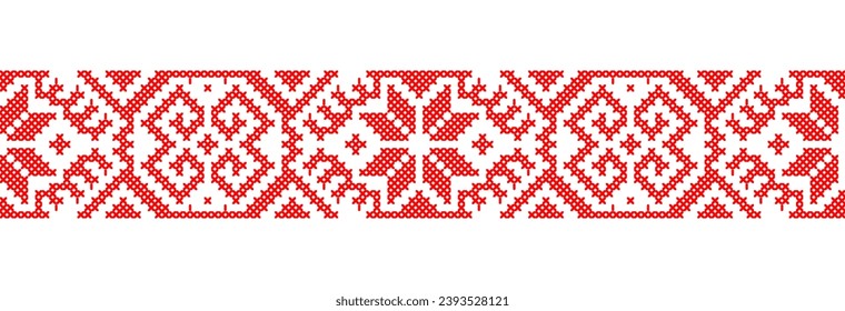 Ukrainian red ornament for textile, fabric, cloth. Vector seamless pattern, print. Ukrainian folk, ethnic ornament. Pixel art vyshyvanka, cross stitch.