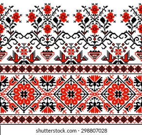 Ukrainian red-black decorative ornament from flowers and birds on white background
