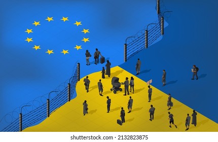 Ukrainian refugees cross the border with Europe. People are fleeing crisis and war in search of rights and freedom. Barbed wire fence. Flag of the European Union and Ukraine. Isometric vector. 