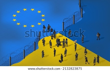 Ukrainian refugees cross the border with Europe. People are fleeing crisis and war in search of rights and freedom. Barbed wire fence. Flag of the European Union and Ukraine. Isometric vector.  Stockfoto © 