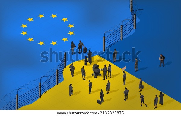 Ukrainian refugees cross the border with Europe. People\
are fleeing crisis and war in search of rights and freedom. Barbed\
wire fence. Flag of the European Union and Ukraine. Isometric\
vector. 