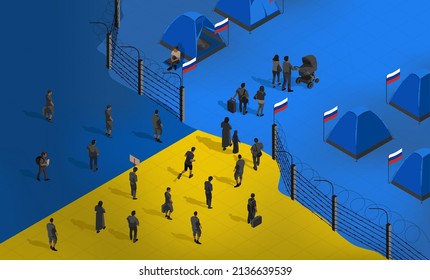 Ukrainian refugees cross the border with Russia. People are fleeing crisis and war in search of rights and freedom. Barbed wire fence. Tent camp with flags of the Russian Federation. Isometric vector