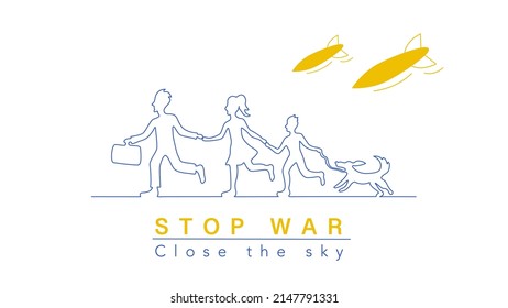 Die ukrainischen Flüchtlinge flohen aus einem Krieg. Vektorgrafik der Evakuierung aus der Ukraine. Hör auf zu Krieg. Mach den Himmel zu.