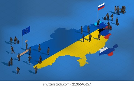 Ukrainian refugees go to the European Union and Russia. People are fleeing crisis and war in search of rights and freedom. Information war. The division of society. Truth and lie. Isometric vector