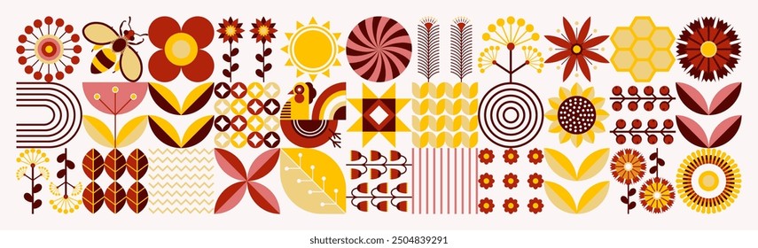 Ukrainian rural floral sweet pattern. Scandinavian style. Beekeeping, bees, honey, honeycombs, beehives, rooster, nectar, flowers. Geometric background. Positive summer illustration.