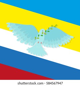 Ukrainian and the Russian flags with a white dove as a symbol of peace