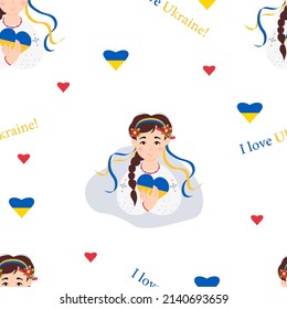 Ukrainian seamless pattern. Cute Ukrainian girl in traditional embroidered dress in flower wreath with ribbons with yellow-blue heart on white background with text I love Ukraine. Vector illustration
