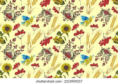 Ukrainian seamless pattern with Ukrainian national symbols - coat of arms, sunflower, viburnum, wheat. Ukrainian ornament. Vector. Blue yellow color illustration. Design for covers, fabric