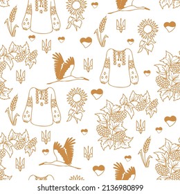 Ukrainian seamless pattern. outline linear Ukrainian symbols on white background - stork, viburnum bush and sunflower, spikelet and heart. Vector illustration in hand drawn doodle style