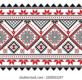 Ukrainian seamless vector pattern - Hutsul Pysanky (Easter eggs) folk art style design with stars and geometric shapes. Traditional long horizontal ornament in black and red from Hutsulshchyna