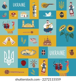 Ukrainian set with national, traditional symbols: rushnyk, borsch, flag, hut, Cossack,  pysanka, bandura, lard. Ukraine elements collection for design