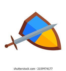 Ukrainian shield with fighting sword. Stop war in Ukraine, country and nation protection, save people lifes, volunteers help and support, humanitarian aid vector illustration