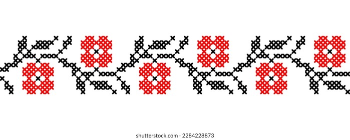 Ukrainian simple floral pattern in red and black colors. Vector ornament, border, pattern. Ukrainian folk, ethnic floral embroidery. Pixel art, vyshyvanka, cross stitch.