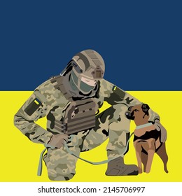 Ukrainian Soldier With Dog. Ukrainian Flag. Ground Forces Of Ukraine. Khaki Texture, Military Army. Vector Cartoon Illustration.