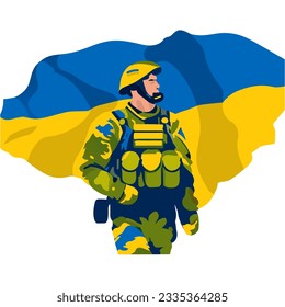 Ukrainian Soldier with Flag on the background