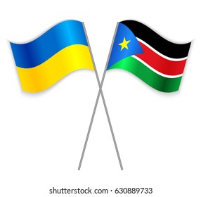 Ukrainian and South Sudanese crossed flags. Ukraine combined with South Sudan isolated on white. Language learning, international business or travel concept.