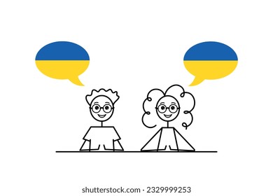 ukrainian speakers, cartoon boy and girl with speech bubbles Ukraine flag colors, learning ukrainian language vector illustration