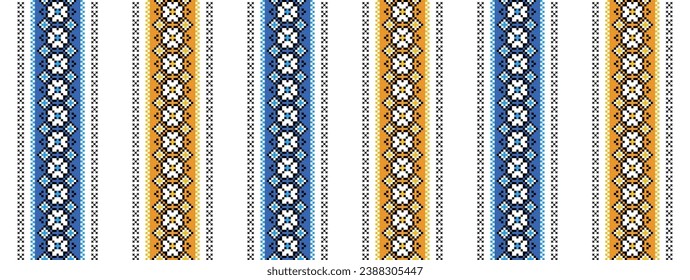 Ukrainian striped print. Vector seamless pattern for textile, fabric, cloth. Traditional folk striped print, ethnic ornament in yellow and blue colors. Pixel art, vyshyvanka, cross stitch.