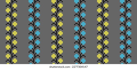 Ukrainian striped print. Vector stripes seamless pattern for textile, fabric, cloth. Traditional folk, ethnic ornament in yellow and blue colors. Pixel art, vyshyvanka, cross stitch.