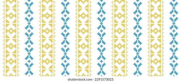 Ukrainian striped print. Vector stripes seamless pattern for textile, fabric, cloth. Traditional folk, ethnic ornament in yellow and blue colors. Pixel art, vyshyvanka, cross stitch.