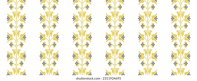 Ukrainian striped print. Vector stripes seamless pattern for textile, fabric, cloth. Traditional folk, ethnic ornament in yellow color. Pixel art, vyshyvanka, cross stitch.