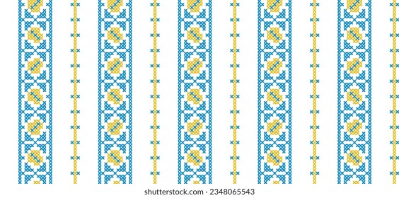 Ukrainian striped print. Vector stripes seamless pattern for textile, fabric, cloth. Traditional folk, ethnic ornament in yellow and blue colors. Pixel art, vyshyvanka, cross stitch.