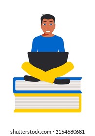 Ukrainian student sits with a laptop on the books. Online education concept in blue and yellow colors flat style. Remote work freelancer. Vector.