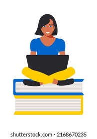 Ukrainian student woman sits with a laptop on the books. Online education concept in blue and yellow colors flat style. Freelancer remote work. Vector.