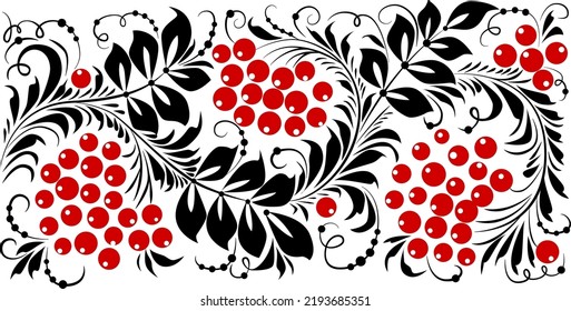 Ukrainian style poster based on Ukrainian folk embroidery in red and black on a white background. Petrykivka.