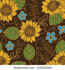 Ukrainian sunflower floral flower embroidery seamless pattern. Vector ethnic illustration