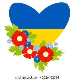 Ukrainian symbol. A large yellow-blue heart in a flower bouquet of red poppies and blue cornflowers. Colors of the Ukrainian flag. Vector illustration. For design and decoration