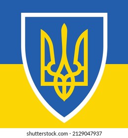 Ukrainisches Symbol trident Tryzub in einem Schild. Die Ukraine Fahne Farben im Hintergrund. Flache Illustration