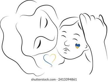 Ukrainische Symbolik. Abstrakte Darstellung einer Familie in Linien. Eine junge Mutter küsst ihren Sohn. Handgezeichnete Illustration, die eine liebevolle Familie und das Konzept der Elternschaft und Kindheit symbolisiert.