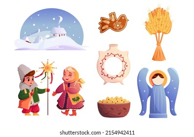 Ukrainische Symbole der Weihnachtsfeier. Weihnachtskekse. Winterdorf. Ukrainische Karoler. Kutia. Diduch. Engel. Kumanets.  Vektorcute Illustration im Cartoon-Stil.